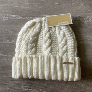 Michael Kors Fleece Lined Cable Knit Beanie Hat - Ivory Cream